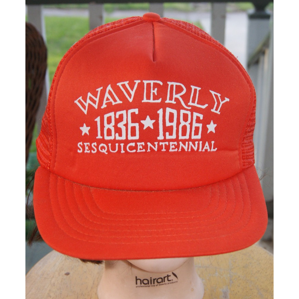 Vintage 80s Waverly IL Sesquicentennial 1986 Orange Mesh Trucker Hat Cap